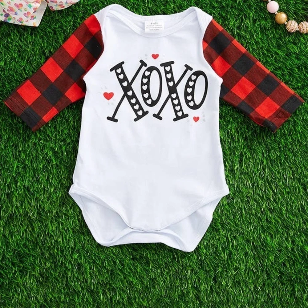 Unisex XOXO Heart Red and Black Buffalo Plaid Long Sleeve Onesie NWOT